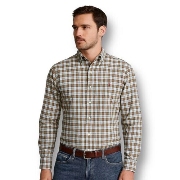 Ralph Lauren L Brown Blue Plaid Cotton Button Down Shirt Custom Fit Pony Preppy - Picture 1 of 7
